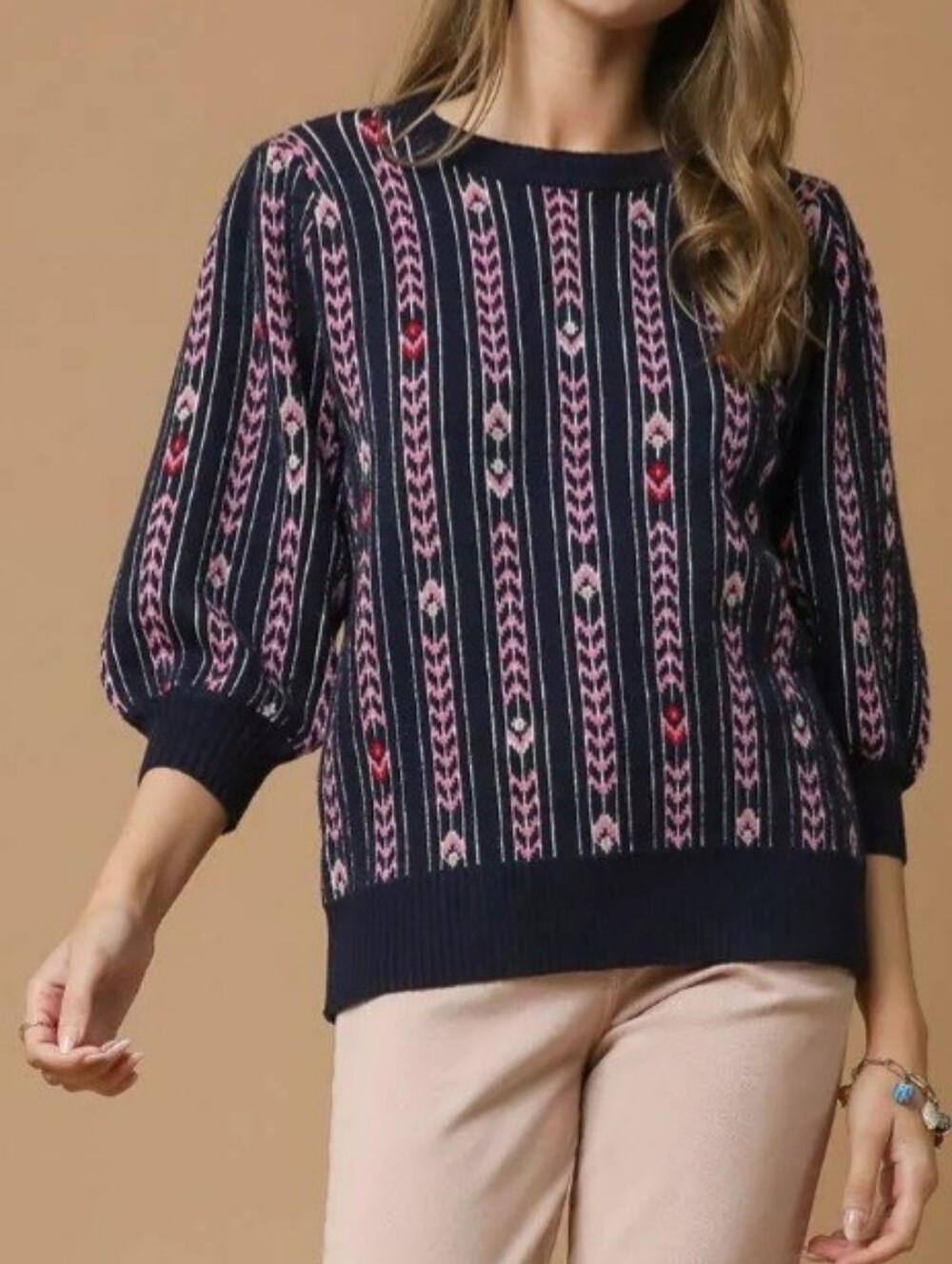 Umgee Women's Medium Jacquard Knit Puff Sleeve Sweater